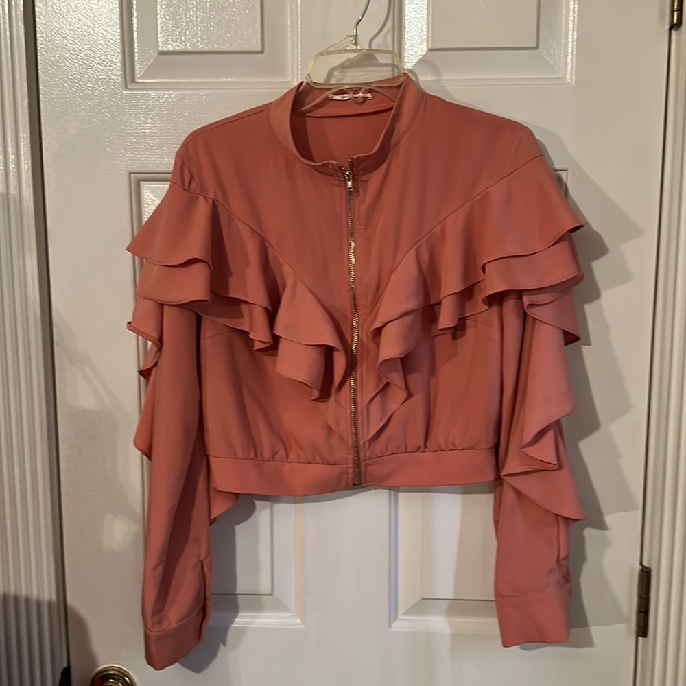 Cute Small Coral Crop jacket with ruffles on jacket and sleeves